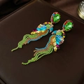Dettaglio ravvicinato di orecchini a pappagallo con cristalli colorati e nappe pendenti - Perno per orecchino in argento - Colorato