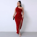 Close-up of red sequined dress showing one-shoulder design and high slit detail - XS / Burgundy