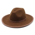Classic dark brown wide brim wool fedora hat with elegant ribbon and contrast piping - M (56-58cm) / Brown