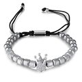 Men's retro stainless steel bead bracelet with zircon crown charm and adjustable cord - Steel
