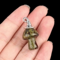 Wizard hat mushroom pendant with green speckled stone charm held in hand - Gun Black Cap / Dragon Blood Stone