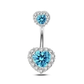 Close-up of silver navel ring with two blue heart crystals and zircon pavé detail - Lake Blue