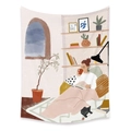 Detail of bohemian indoor tapestry featuring a cozy reading illustration with a soft texture - 100*150cm / Warm Room