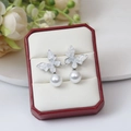 Elegant butterfly silver stud earrings with sparkling diamonds and round white pearl - E5777-3-Bow Rhinestone Pearl Studs