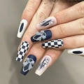 Blue checkerboard press-on nails with 3D bows, pearls and glitter in long coffin shape - JP2995 (Glue Style)