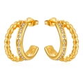Goldene Doppelreifen-Ohrringe mit Perlenstruktur und Kristalleinlage aus Edelstahl - Doppelring-Stil mit Perlen und Diamanten (MS-634)