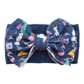 Dark blue nylon baby headband featuring a large waffle fabric bow with festive cartoon prints - #27 Christmas Animals