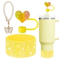 Yellow glitter Stanley cup accessory set with butterfly chain and heart straw cover - Gold Butterfly Chain + Yellow Heart Straw Cover + Gold Glitter Boot / Gold/Yellow