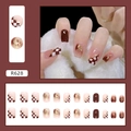 Brown checkerboard press-on nails set with gold foil and glossy chocolate finish - Brown Sugar Caramel Tea Style (R628)