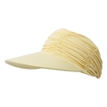 Detail view of the pleated elastic headband on a pale yellow wide brim sun visor hat - Yellow