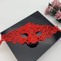 Elegant red lace masquerade mask on a black gift box with pink roses for women's costume - Red