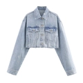 Giacca di jeans corta azzurra da donna con strass luminosi e orlo a taglio vivo - XS / Tops