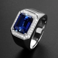Men's silver ring with large rectangular blue gemstone and pave-set zircons on black background - Sapphire Open Ring For Men Ljz-122 / Adjustable Open