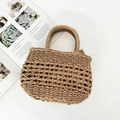 Brown woven straw handbag with golden mesh pattern and twin top handles in chic style - Khaki