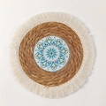 Bohemian round woven straw wall decor with blue floral pattern and cream cotton tassels - Mandala Pattern 2 With Tassels (25cm)