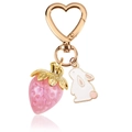 Golden heart keychain featuring a glittery pink strawberry and a white enamel bunny charm - Pink Strawberry White Rabbit