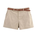 Women's casual khaki cotton shorts with a brown slim leather belt on white background - XS / Khaki