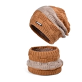 Knitted beanie and scarf set in caramel and beige with warm brown fleece lining - Caramel