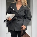 Elegant grey short-belted coat with textured fabric and long sleeves for women - S / Dark Gray