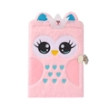 Pink plush owl A5 notebook with crown and secure metal lock for girls' diary - Pink