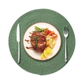 38cm round green woven placemat with cutlery and steak dish on a white background - 38cm (Approx. 60g) / Green