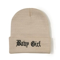 Close-up of knit beanie showing 'Baby Girl' gothic embroidery on a beige folded brim - M (56-58cm) / Beige