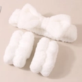 White microfiber bow headband and matching wristbands for face washing skincare - White 3-piece Set (wrists Have 3 Hand-stitched Seams)