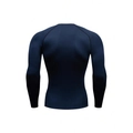 Detail view of navy blue compression shirt back featuring reinforced flatlock stitching - Blue