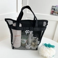 Portable black mesh storage bag with double handles for travel toiletries and cosmetics - Handbag Style / Black