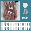 Blue and cream press-on nails set with glitter powder and rhinestone accents in square shape - D748 Blue White Glue Style