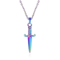 Macro shot of iridescent rainbow sword pendant on cross chain with mirror reflection - Rainbow - Pendant Necklace