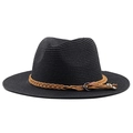 Classic black straw fedora hat with brown braided band and metallic tassel detail - Black