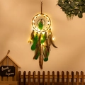 Brown boho dreamcatcher with green feathers and warm LED fairy lights decor - Green Edge with LED Lights (Circle)