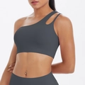 Detail view of charcoal gray one-shoulder sports bra with asymmetric cutout and brushed fabric - S / Tops / Graphite Gray Style (7114)