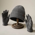 Conjunto de gorro de punto y guantes táctiles en gris con parche de cuero - Talla única / Gris
