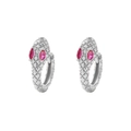 Silver snake hoop earrings featuring detailed scales and sparkling pink gemstone eyes - Style A Red Eyes (White Gold)