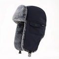 Deep blue thermal trapper hat with thick grey faux fur lining and earflaps for winter protection - Navy Blue