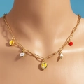 Goldene Büroklammer-Halskette mit bunten Emaille-Anhängern aus tropischen Früchten - Tropische Früchte Fünf Anhänger Goldene Halskette