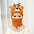 Winter orange deer knitted hooded scarf hat for kids with antlers and tree patterns - One Size / Deer Antler Yellow