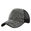 Detailed view of shimmering silver rhinestones and breathable black mesh on the baseball cap - Adjustable / Black with Gunmetal Grey Rhinestones