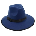 Détail du chapeau fedora en laine bleu marine avec ruban noir et bordure renforcée - Taille unique / Bleu