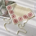 Handmade crochet daisy bandana in off-white yarn with pink floral knit details - Beige Pink Brown Daisy