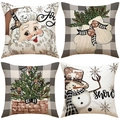 Set of 4 pink Christmas linen pillow covers with Santa, snowman and reindeer prints - Vintage Illustration Elements Set (YMX7) / Set of 4