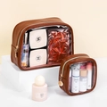 Brown PU leather travel toiletry bag set with clear PVC windows and metal zippers - Brown 2-Piece Set