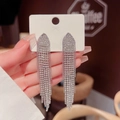 Elegant 925 silver needle tassel earrings with shimmering crystals and white pearls - Silver Multi-Row V-Shaped Rhinestone Long Tassel Earrings (E0149银)