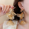 Elegant oversized gold layered flower drop earrings with intricate hollow wire mesh design - Gold Large Flower