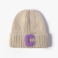 Beige ribbed knit beanie with a purple embroidered letter C in a retro varsity style - One Size / Beige