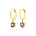 French vintage gold hoop earrings with purple gemstone flower charms and white center - Gold with Purple Flower Drop Earring