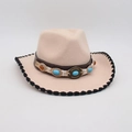Chapeau de cowboy en feutre beige avec bande de turquoise et bord cousu noir élégant - Beige Bord Noir (Ceinture Bleu Jaune)