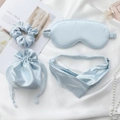 Light blue silk sleep set including eye mask, scrunchies, and headband in a drawstring bag - 4pcs Set (Square Bag) / Mercerized Blue